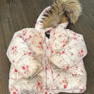 Pramie Floral Pink Puffer Jacket with Faux Fur Trim